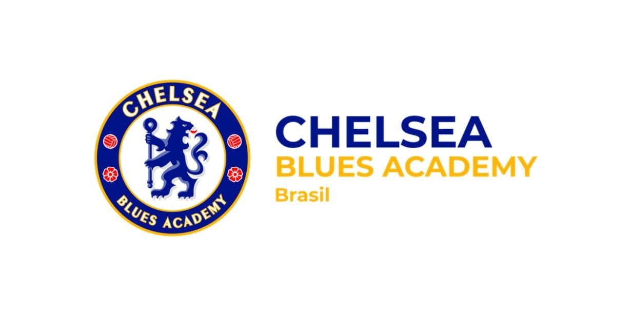Logo da Chelsea Blues Academy Brasil: escudo do leão em azul e dourado ao lado do nome da academia, sobre fundo branco